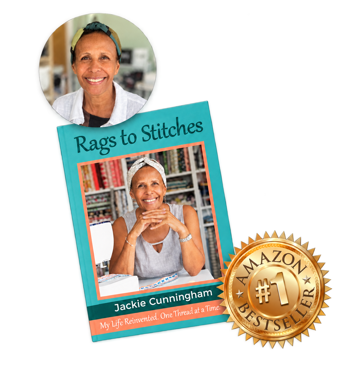 Jackie Cunningham with her Rags to Stitches book and Amazon number one bestseller badge