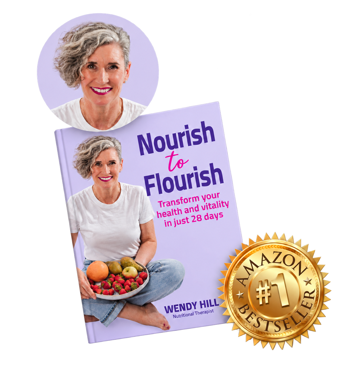 Wendy Hill with her Nourish to Flourish book and Amazon number one bestseller badge